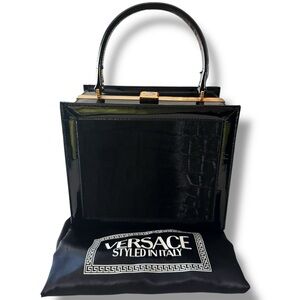 Vintage Gianni Versace Black Patent Pony Hair Box Bag Sun Clasp Dust Bag